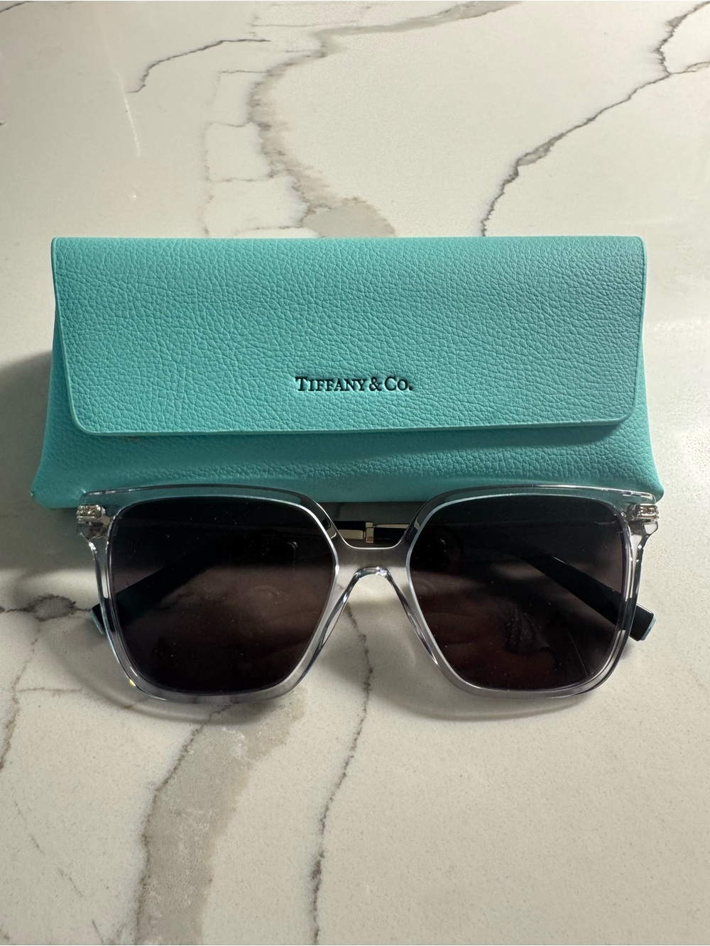 Tiffany & Co. Clear Frame Sunglasses with Black Lenses and Tiffany Blue Case